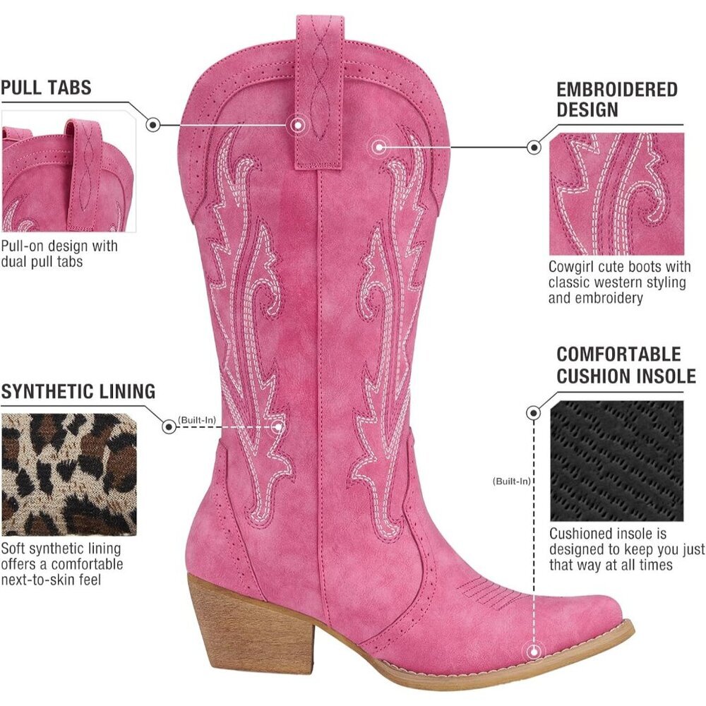 Women Pink Synthetic Embroidered Pointy Toe Comfortable Chunky Heel Cowgirl Boot - Picture 5 of 7